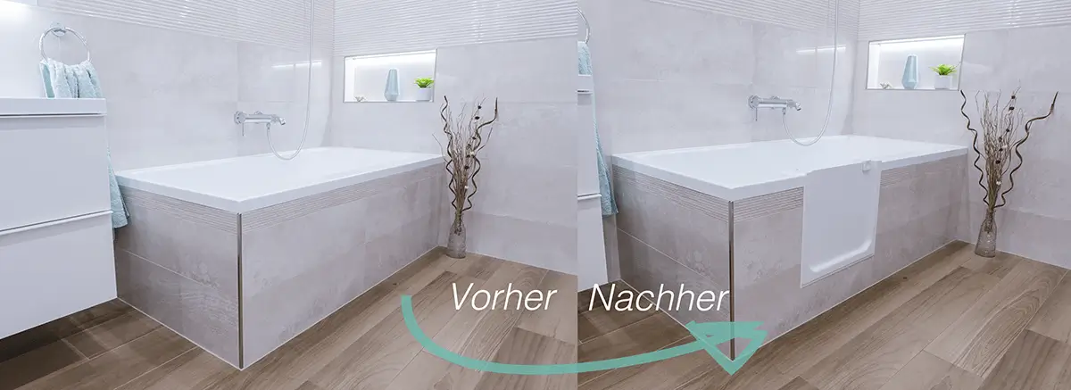 Vorher-Nachher Vergleich einer Badewanne mit eingebauter Tür. Links ist eine Badewanne ohne Tür zu sehen, rechts die gleiche Wanne mit einer eingebauten Tür für einen barrierefreien Zugang.